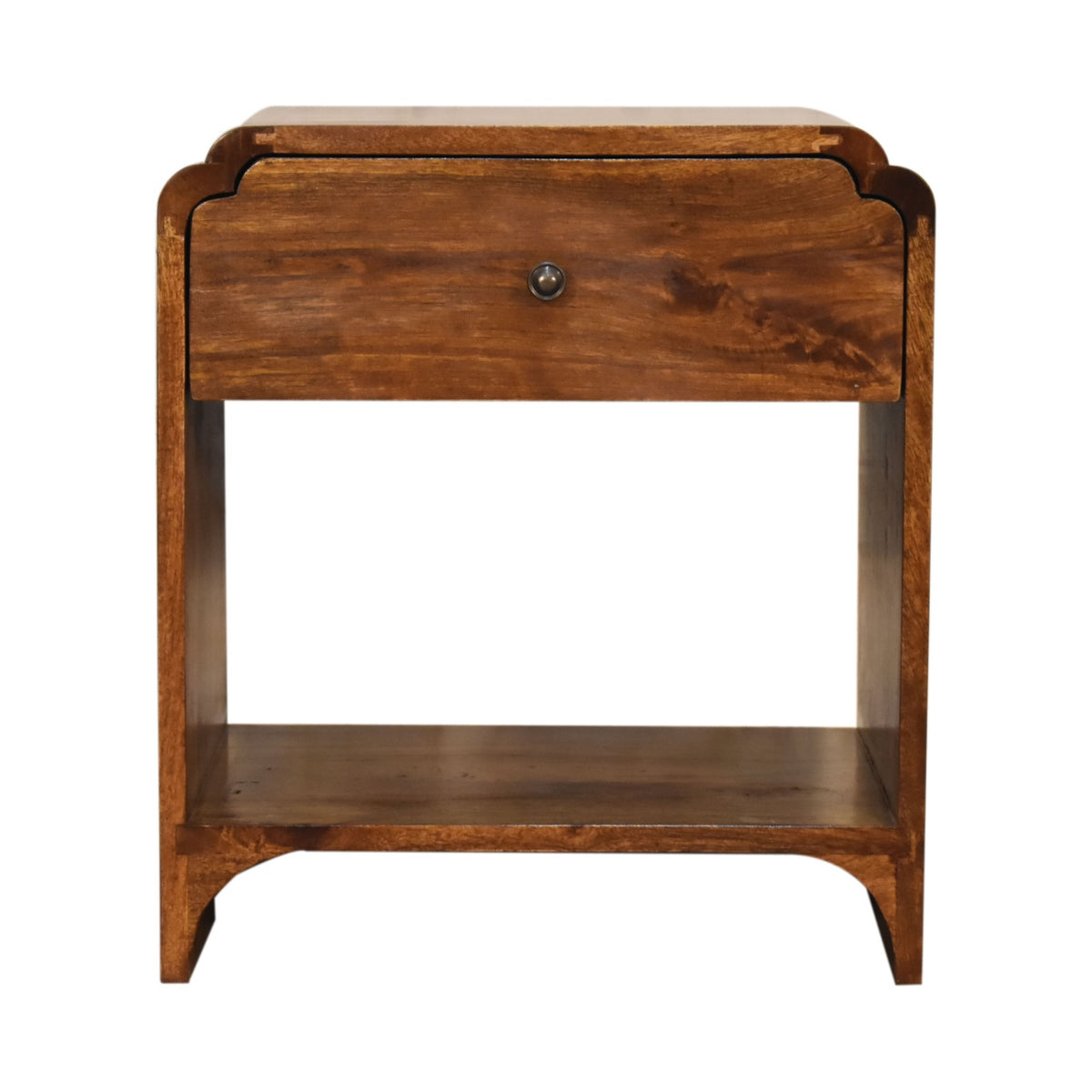 Lune chestnut bedside table with one drawer and open shelf, front view, 45 x 35 x 50 cm