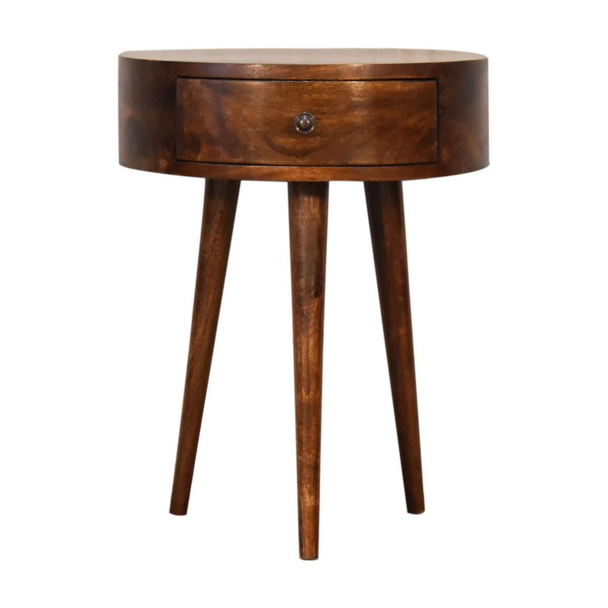 Half-round chestnut bedside table with one drawer on three tapered legs, front view