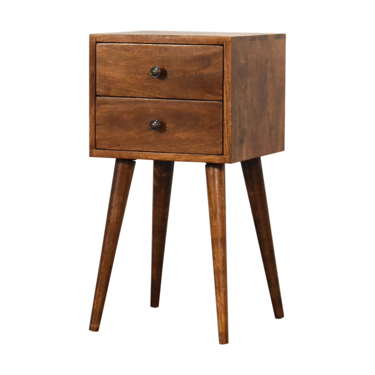 Mini 2 drawer chestnut bedside table, front view, 30 x 30 x 57 cm