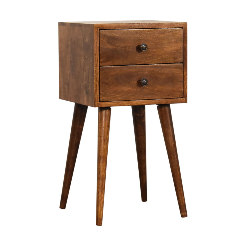 Mini 2 drawer chestnut bedside, three-quarter view