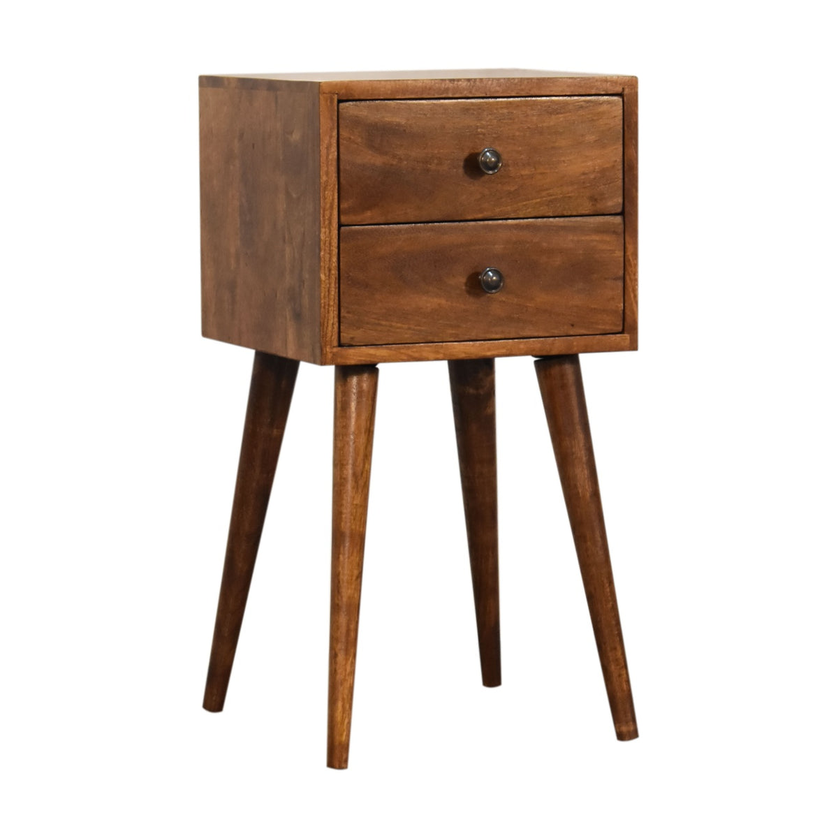 Mini 2 drawer chestnut bedside, three-quarter view