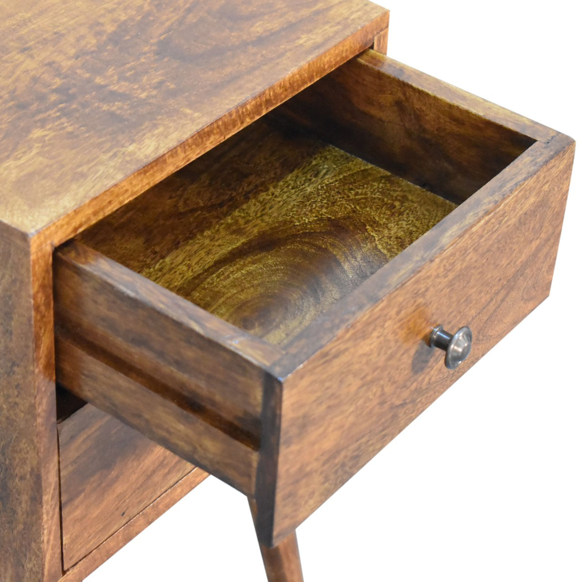 Mini chestnut bedside with the drawer open