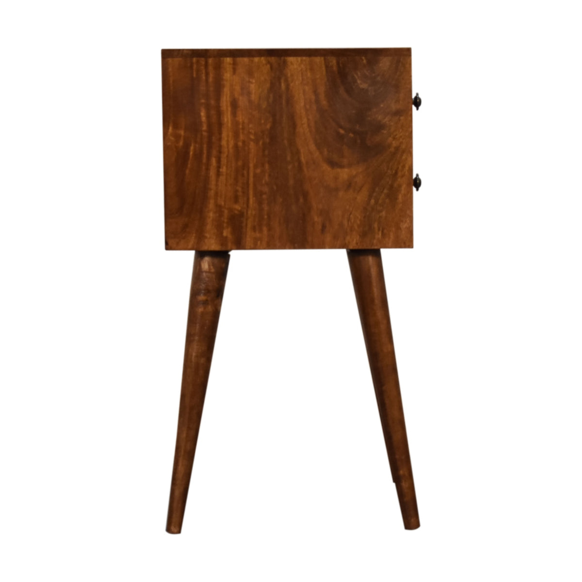 Side view of the mini 2 drawer chestnut bedside