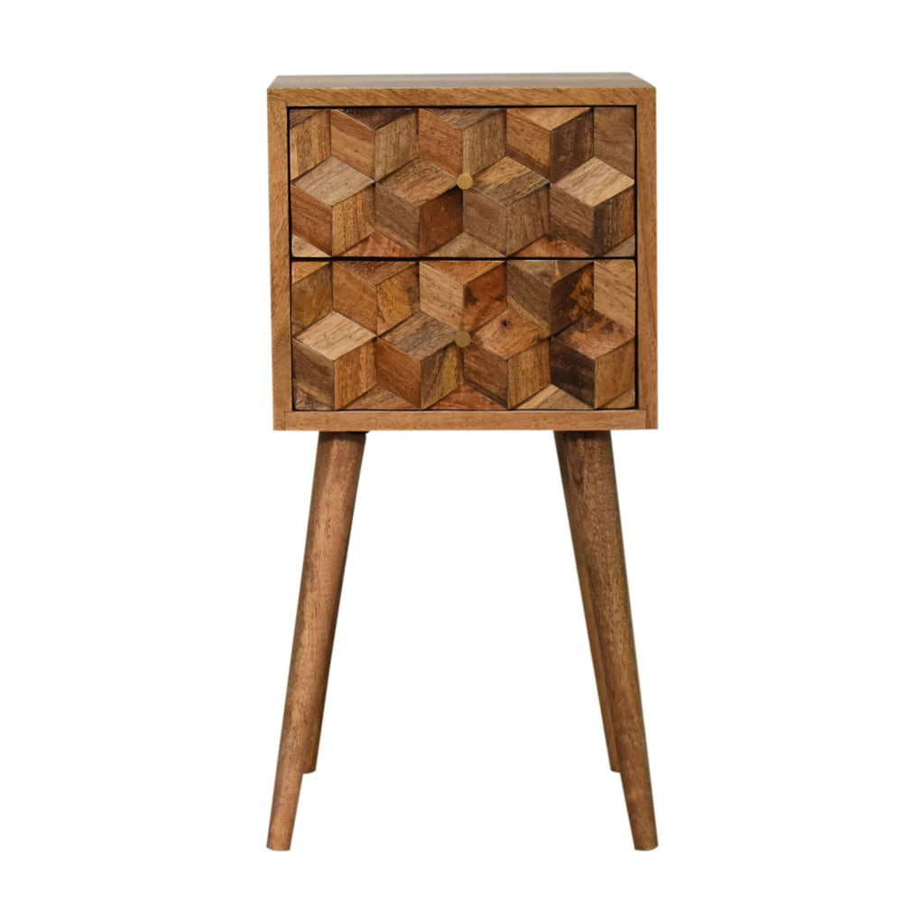Mini Cube Carved 2 drawer bedside table on four tapered legs, front view, 30 x 30 x 62 cm