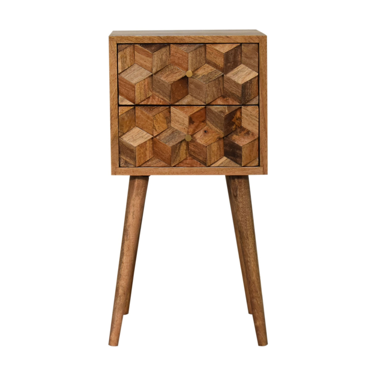 Mini Cube Carved 2 drawer bedside table on four tapered legs, front view, 30 x 30 x 62 cm