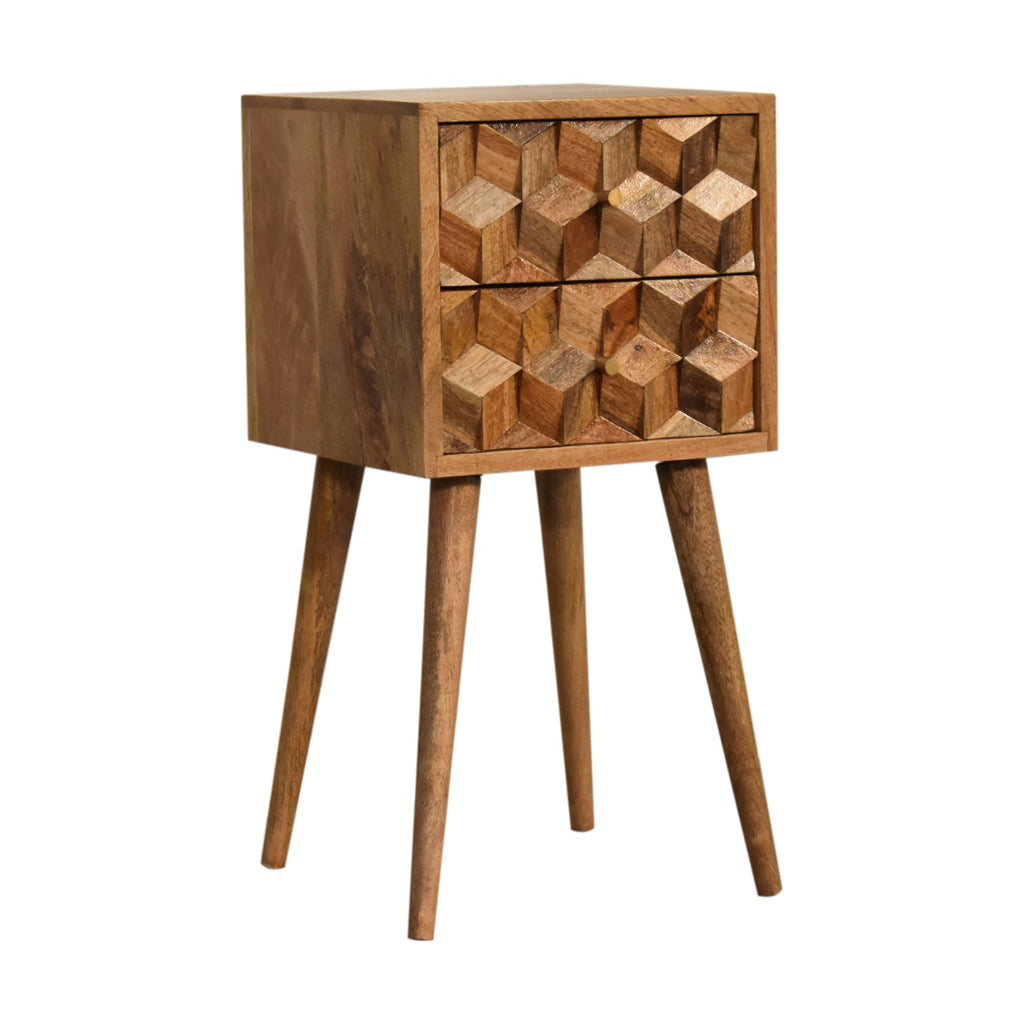 Mini Cube Carved bedside, three-quarter view from the left