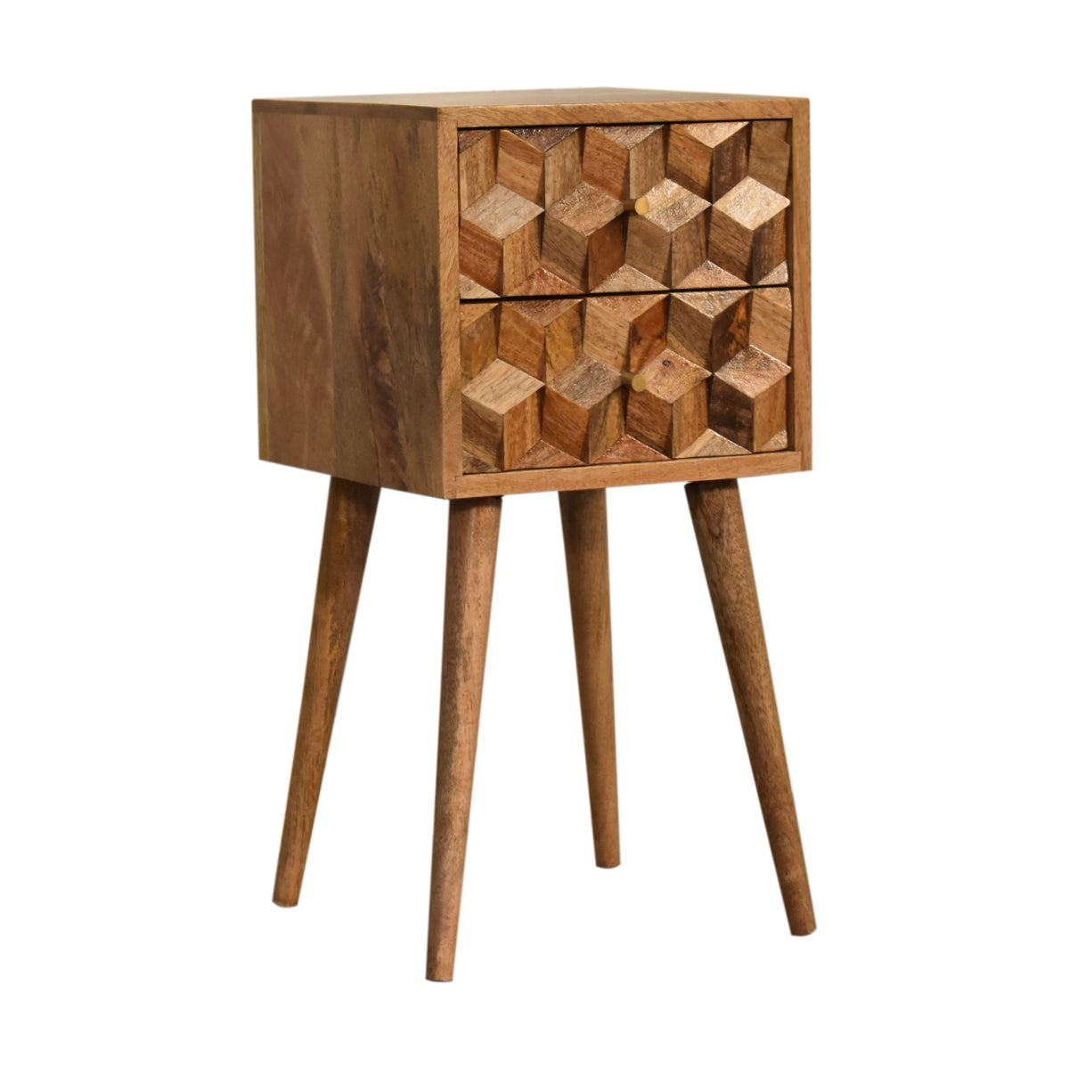 Mini Cube Carved bedside, three-quarter view from the left