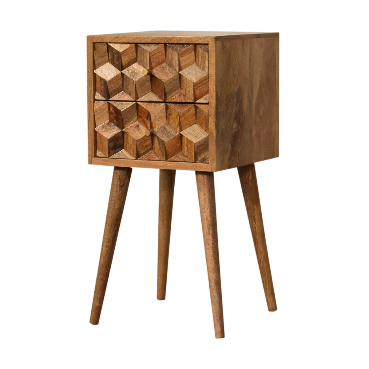 Mini Cube Carved bedside, three-quarter view from the right