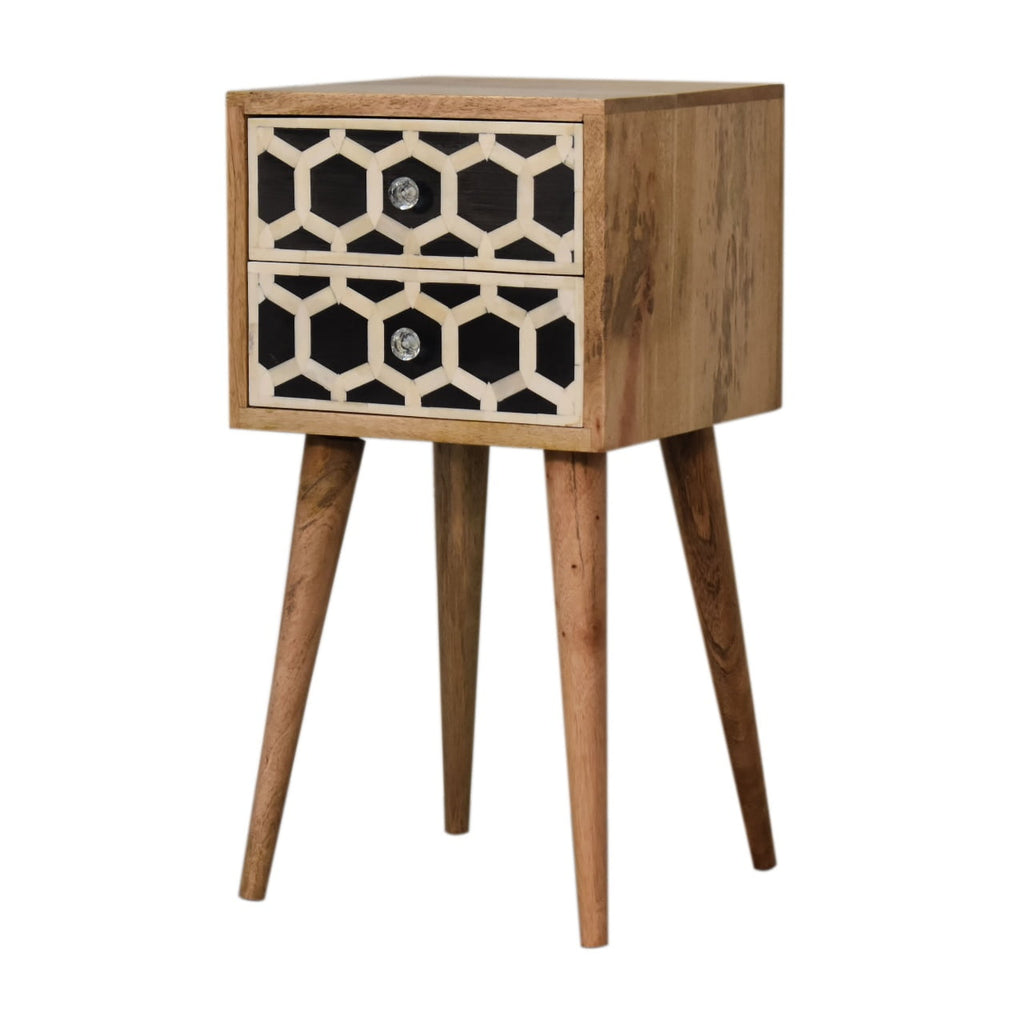 Small bedside table with two inlaid drawers, three-quarter view showing the plain wood side