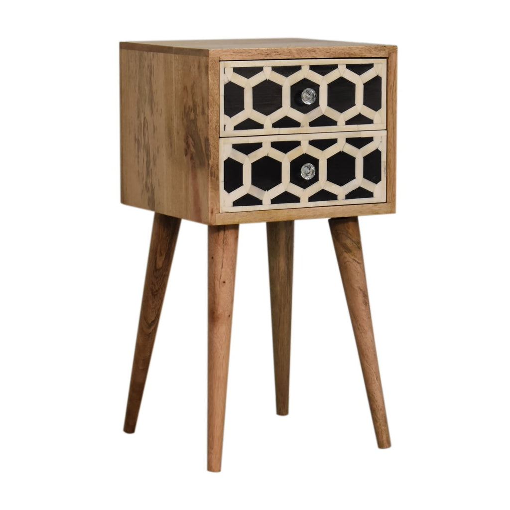 Small bedside table with two inlaid drawers, three-quarter view from the other side