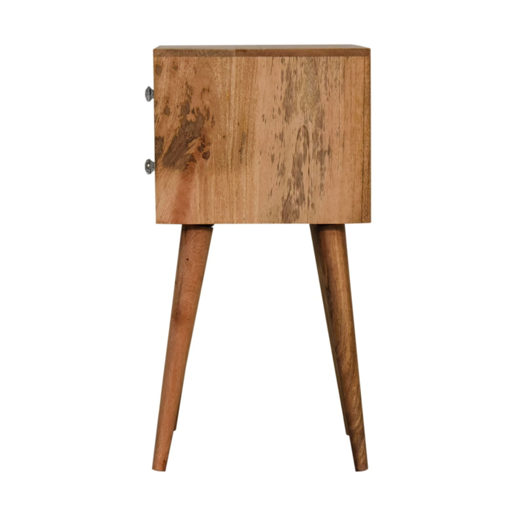 Side view of the small bedside table with plain wood side panel and two drawer knobs at the left