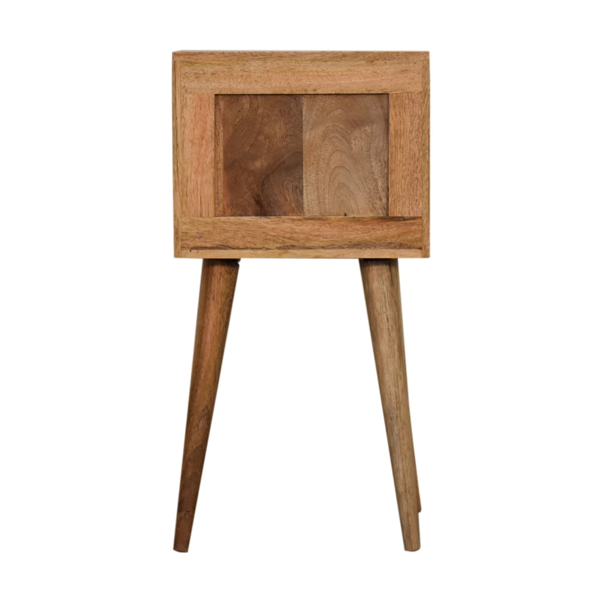 Back view of the small bedside table with inset wood panel and tapered legs