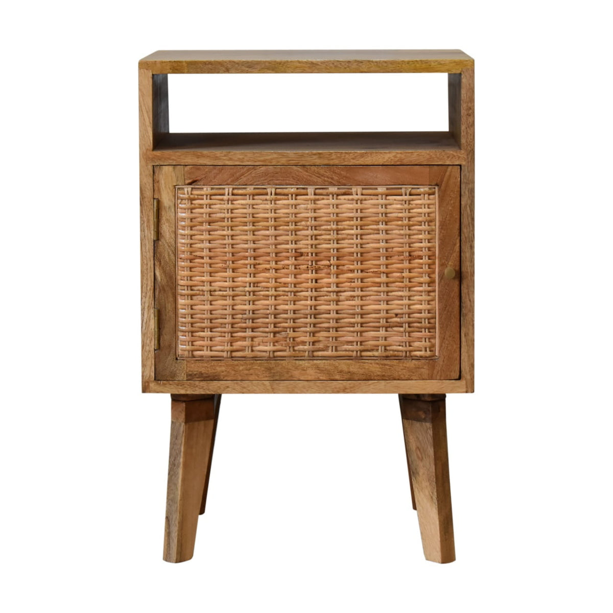 Light oak-tone bedside cabinet with a woven rattan door and an open cubby above, on four tapered legs, front view