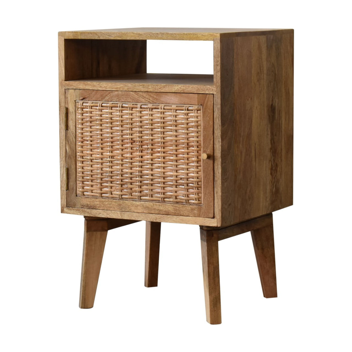 Light oak-tone bedside cabinet with woven rattan door and open top cubby, three-quarter view