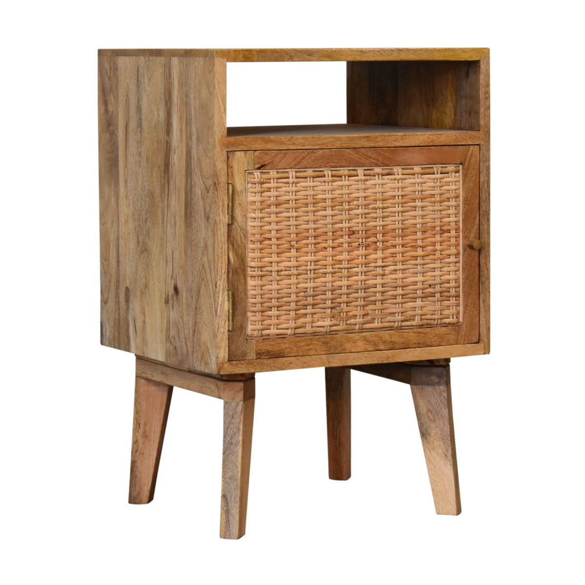 Light oak-tone bedside cabinet with woven rattan door, three-quarter view from the other side