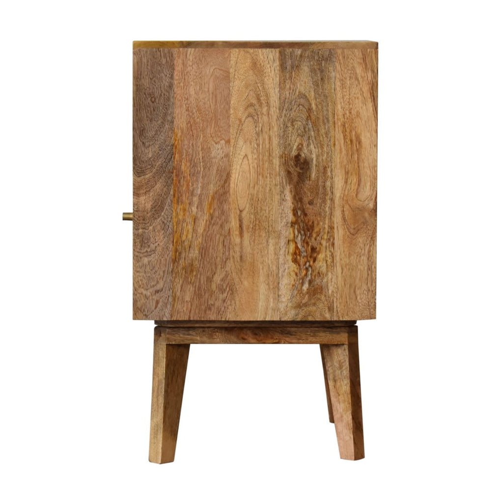 Side view of the oak-tone bedside cabinet showing the plain wood side panel and the tapered legs