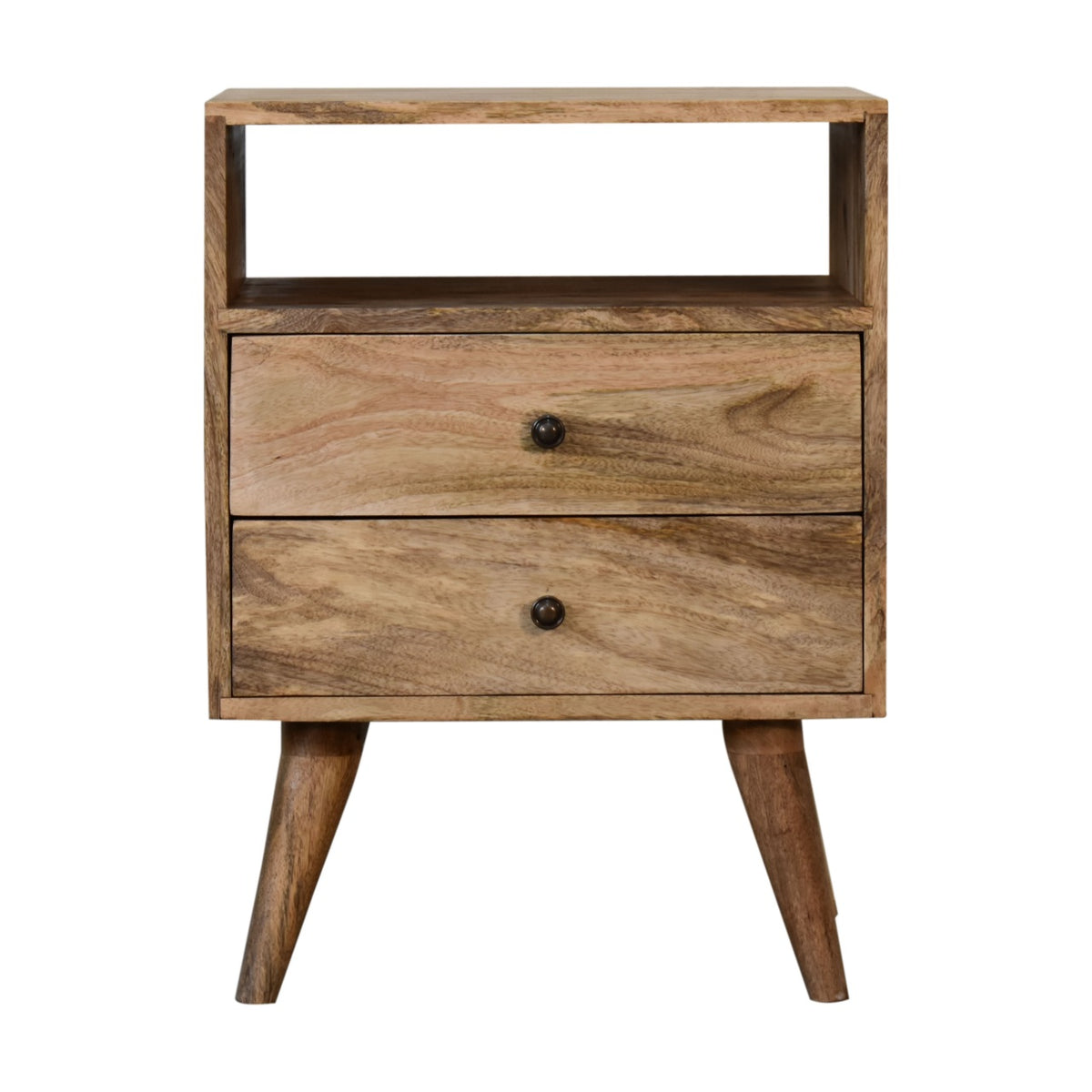 Oak-finish bedside table with an open niche above two drawers with round knobs, on four tapered legs, front view
