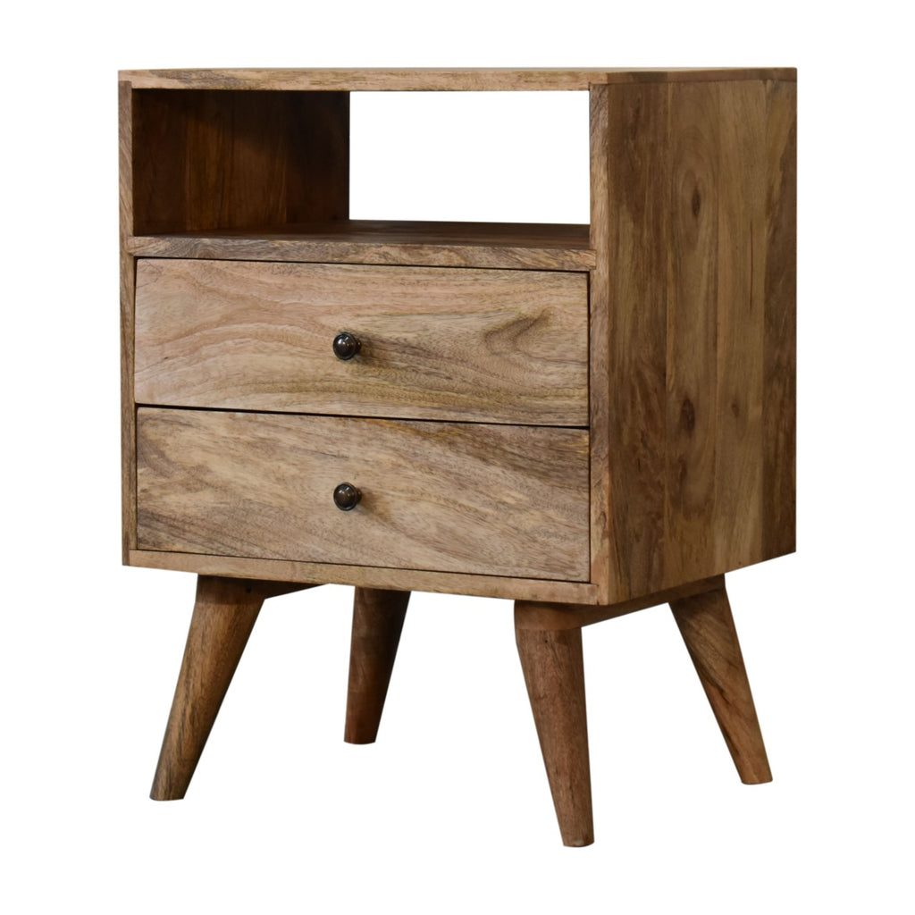 Oak-finish bedside table with open niche and two drawers, three-quarter view showing the side panel and splayed legs