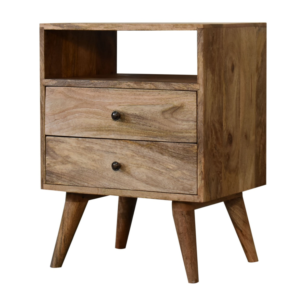 Oak-finish bedside table with open niche and two drawers, three-quarter view showing the side panel and splayed legs