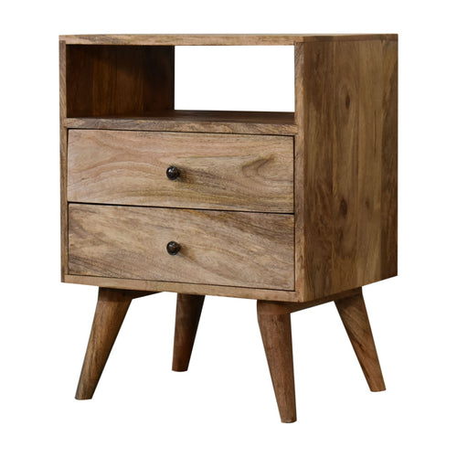 Oak-finish bedside table with open niche and two drawers, three-quarter view showing the side panel and splayed legs