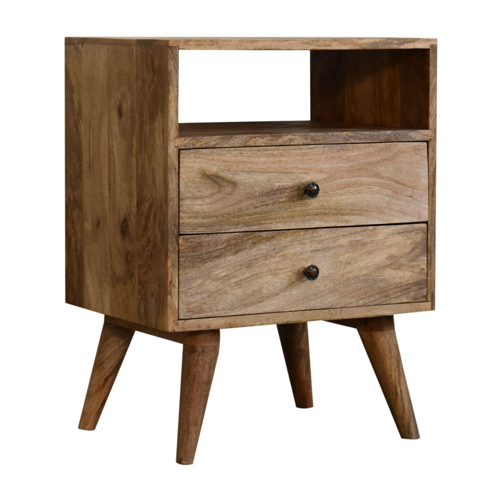 Oak-finish bedside table with open niche and two drawers, three-quarter view from the other side