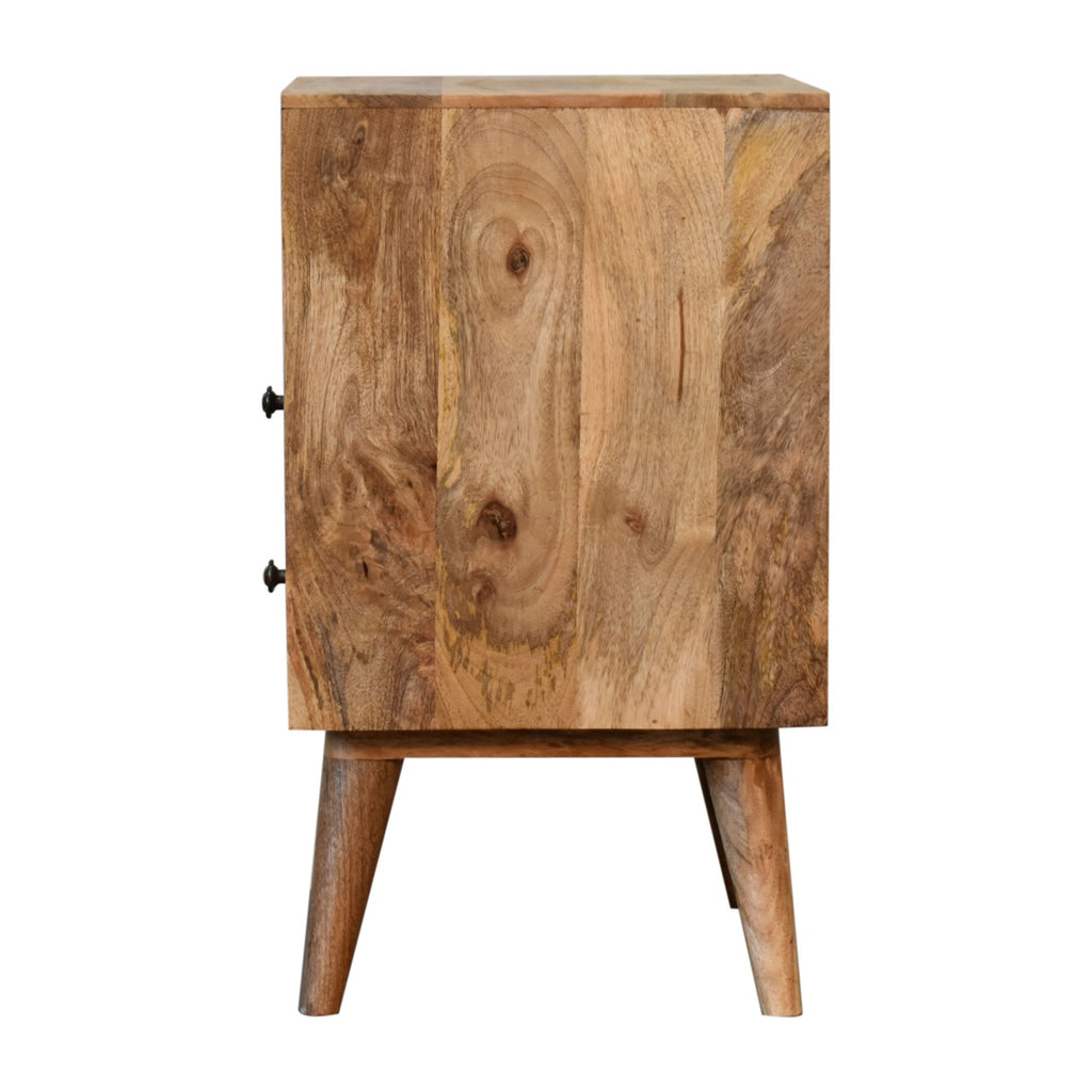 Side view of the oak-finish bedside table with plain side panel, two knobs at the edge and tapered legs