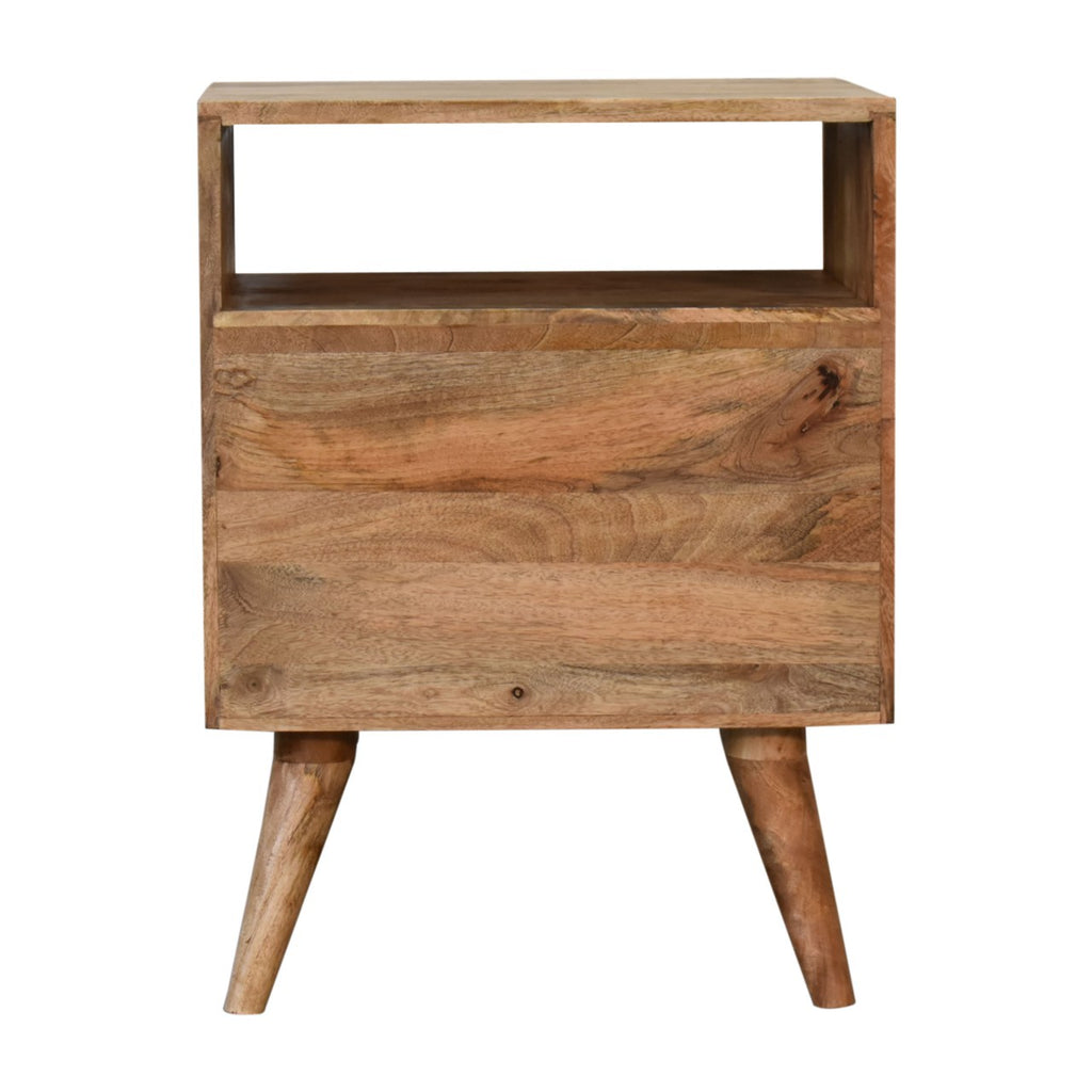 Back view of the oak-finish bedside table with the open niche and a plain back panel under it