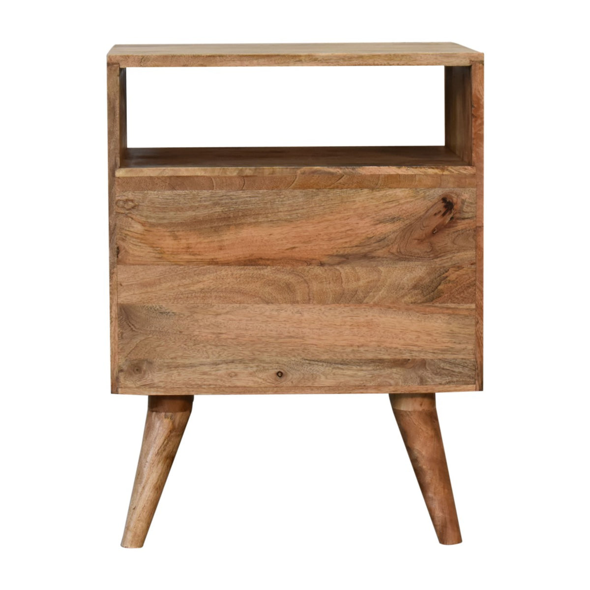 Back view of the oak-finish bedside table with the open niche and a plain back panel under it