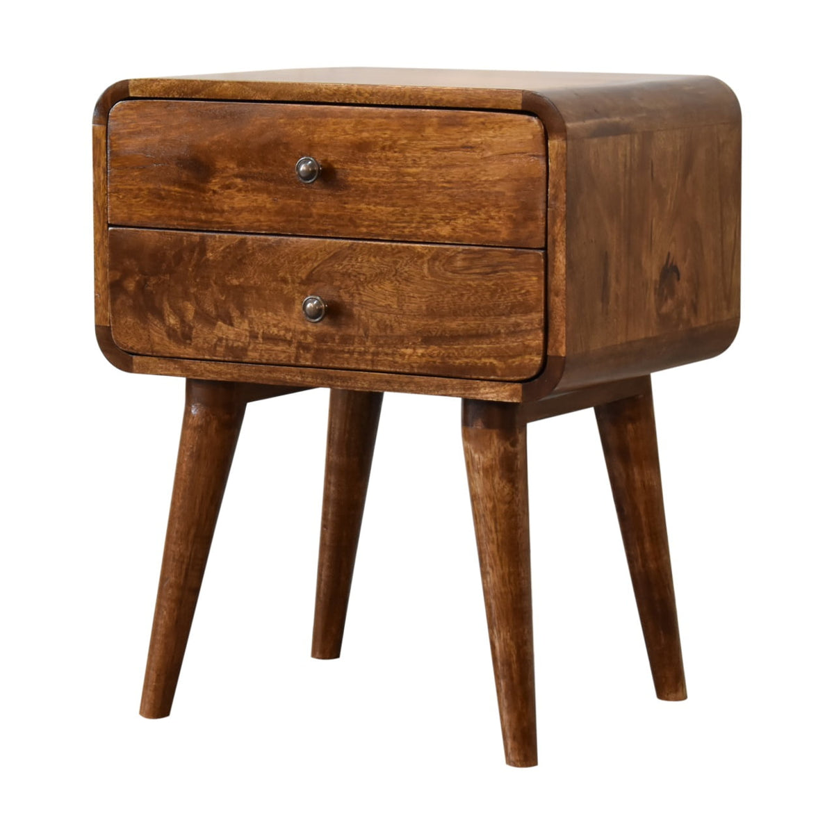 Curved chestnut bedside table with 2 drawers, front view, 45 x 35 x 55 cm