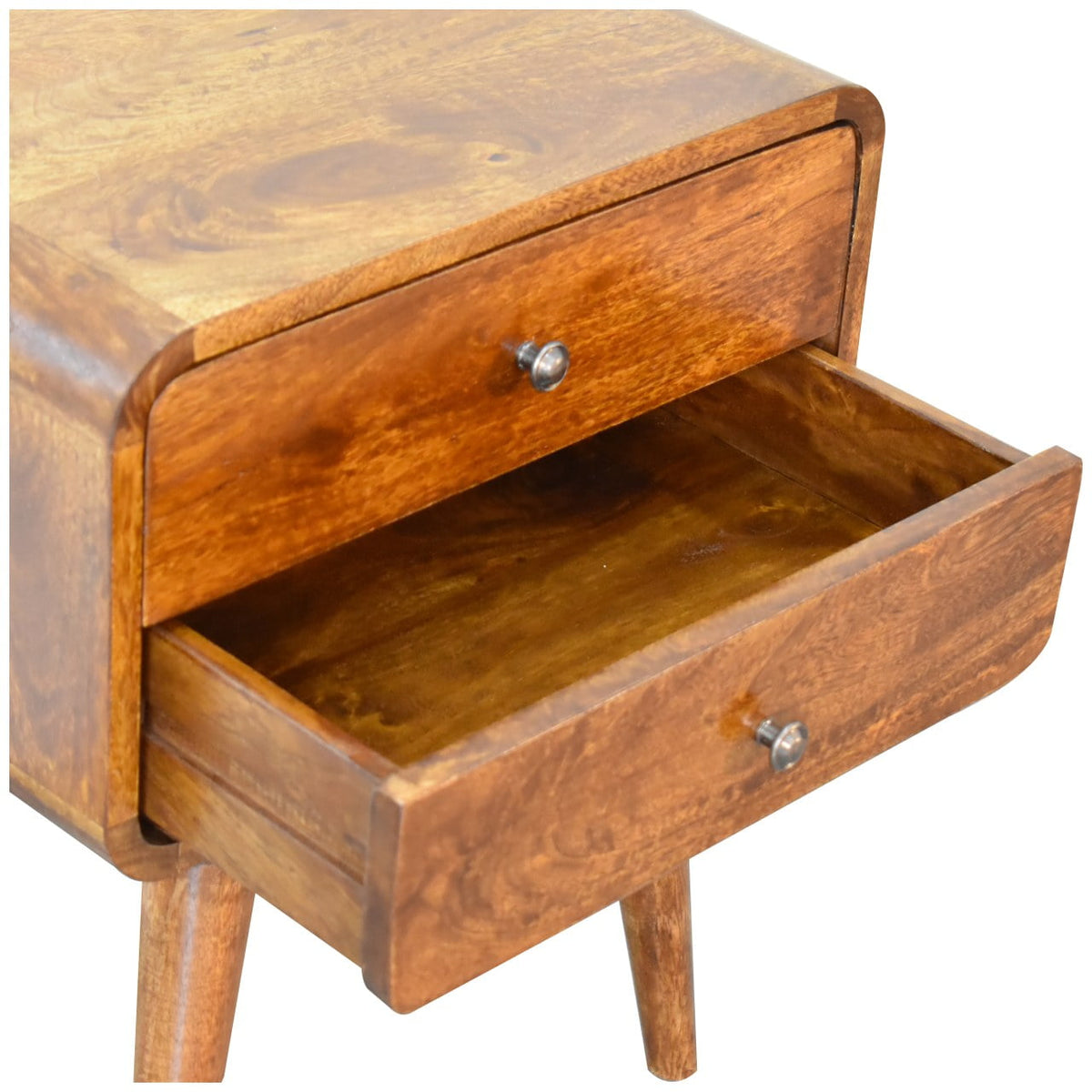 Chestnut curved bedside with the top drawer open
