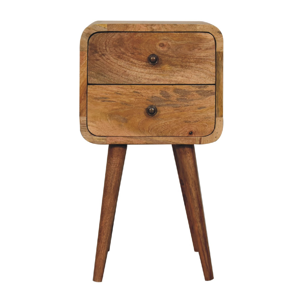 Rounded-corner oak-finish bedside table with two drawers on four dark tapered legs, front view