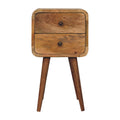 Rounded-corner oak-finish bedside table with two drawers on four dark tapered legs, front view