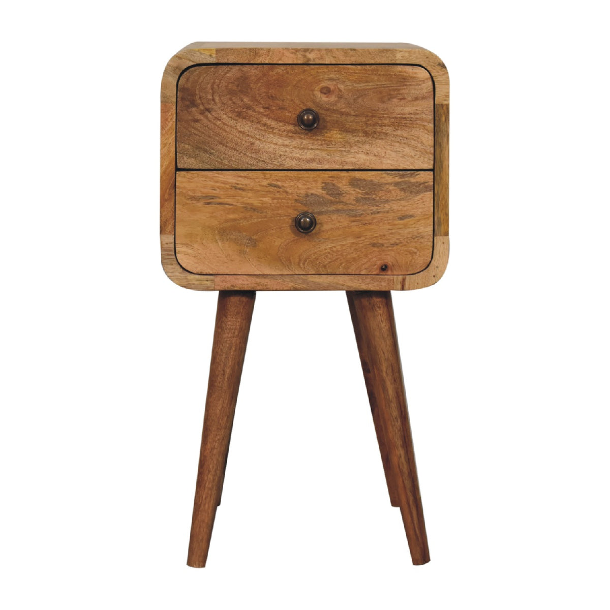 Rounded-corner oak-finish bedside table with two drawers on four dark tapered legs, front view