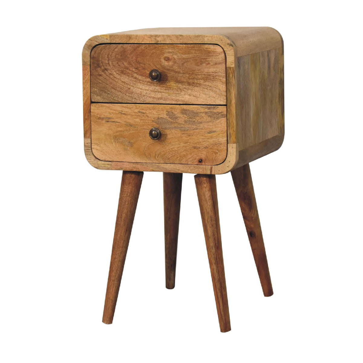 Rounded-corner oak-finish bedside table with two drawers, three-quarter view showing the side panel and four splayed legs