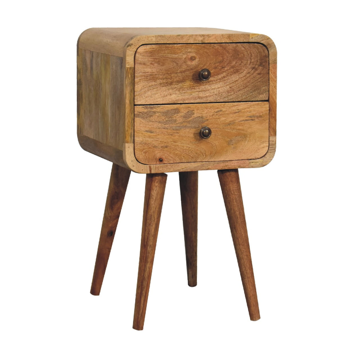 Rounded-corner oak-finish bedside table with two drawers, three-quarter view from the other side