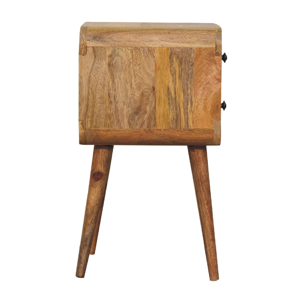 Side view of the rounded-corner bedside table with two tapered legs and the knobs visible at the edge