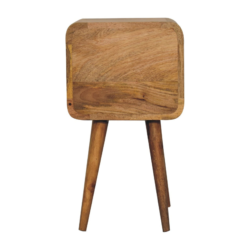 Back view of the rounded-corner bedside table with plain back panel and dark tapered legs