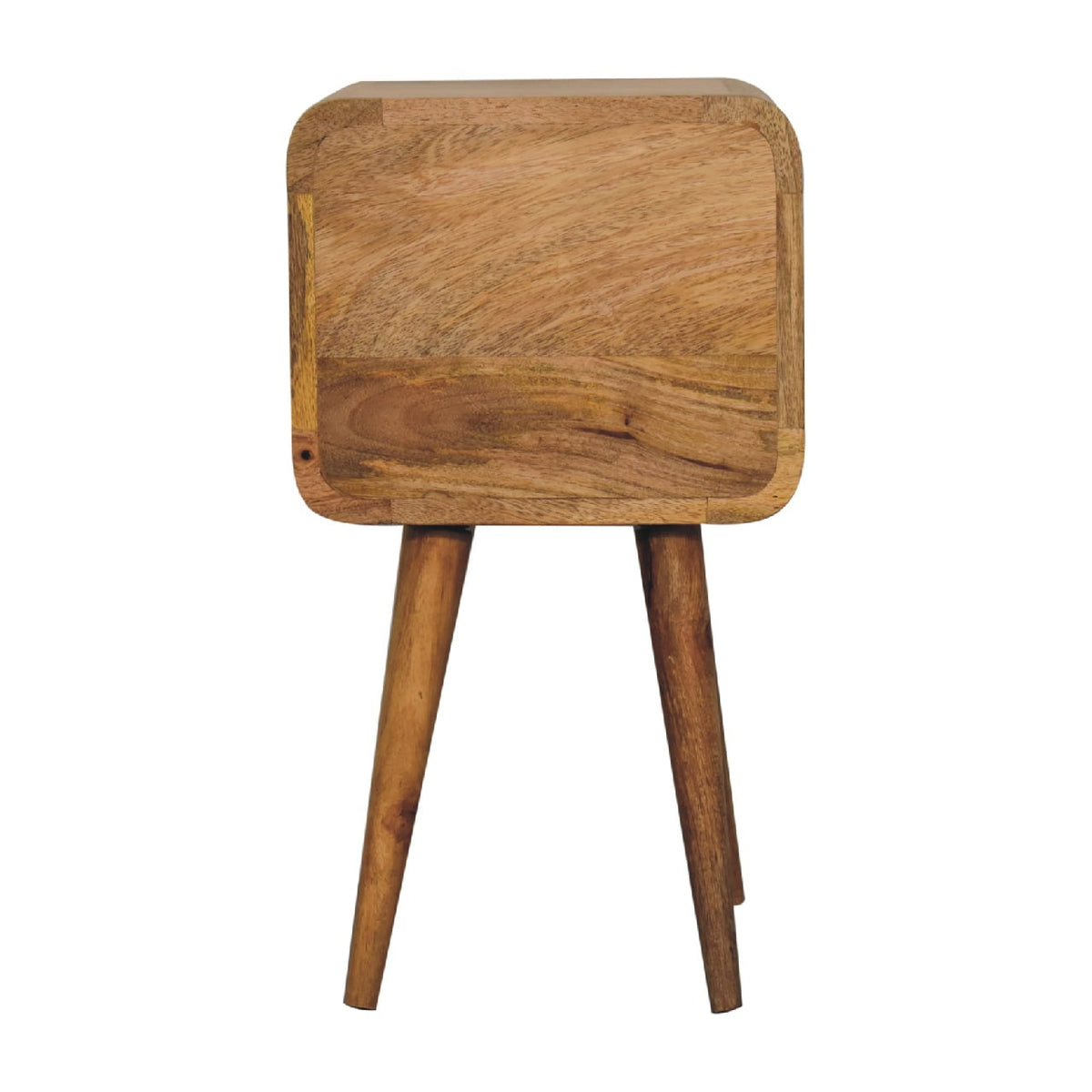 Back view of the rounded-corner bedside table with plain back panel and dark tapered legs