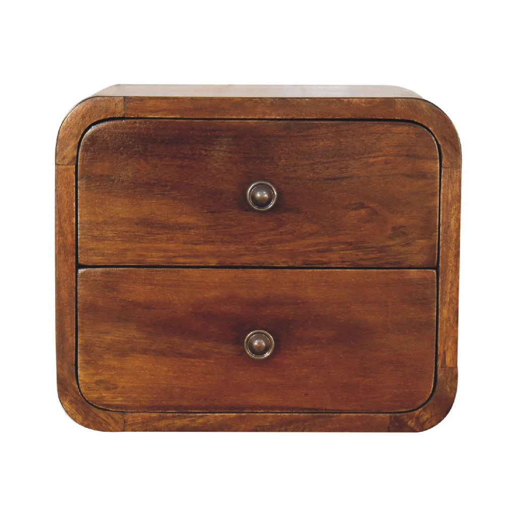 Small wall-hung chestnut bedside unit with two stacked drawers and round knobs, front view