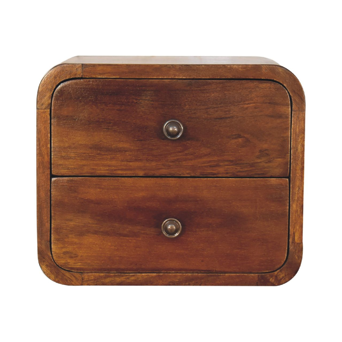 Small wall-hung chestnut bedside unit with two stacked drawers and round knobs, front view