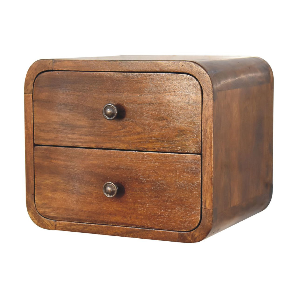 Small wall-hung chestnut bedside unit with two drawers, three-quarter view