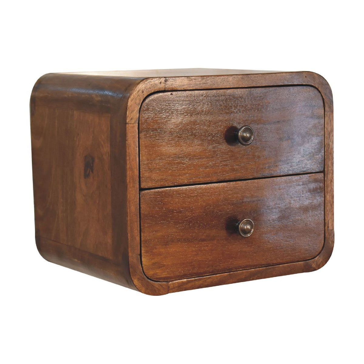 Small wall-hung chestnut bedside unit with two drawers, three-quarter view from the other side