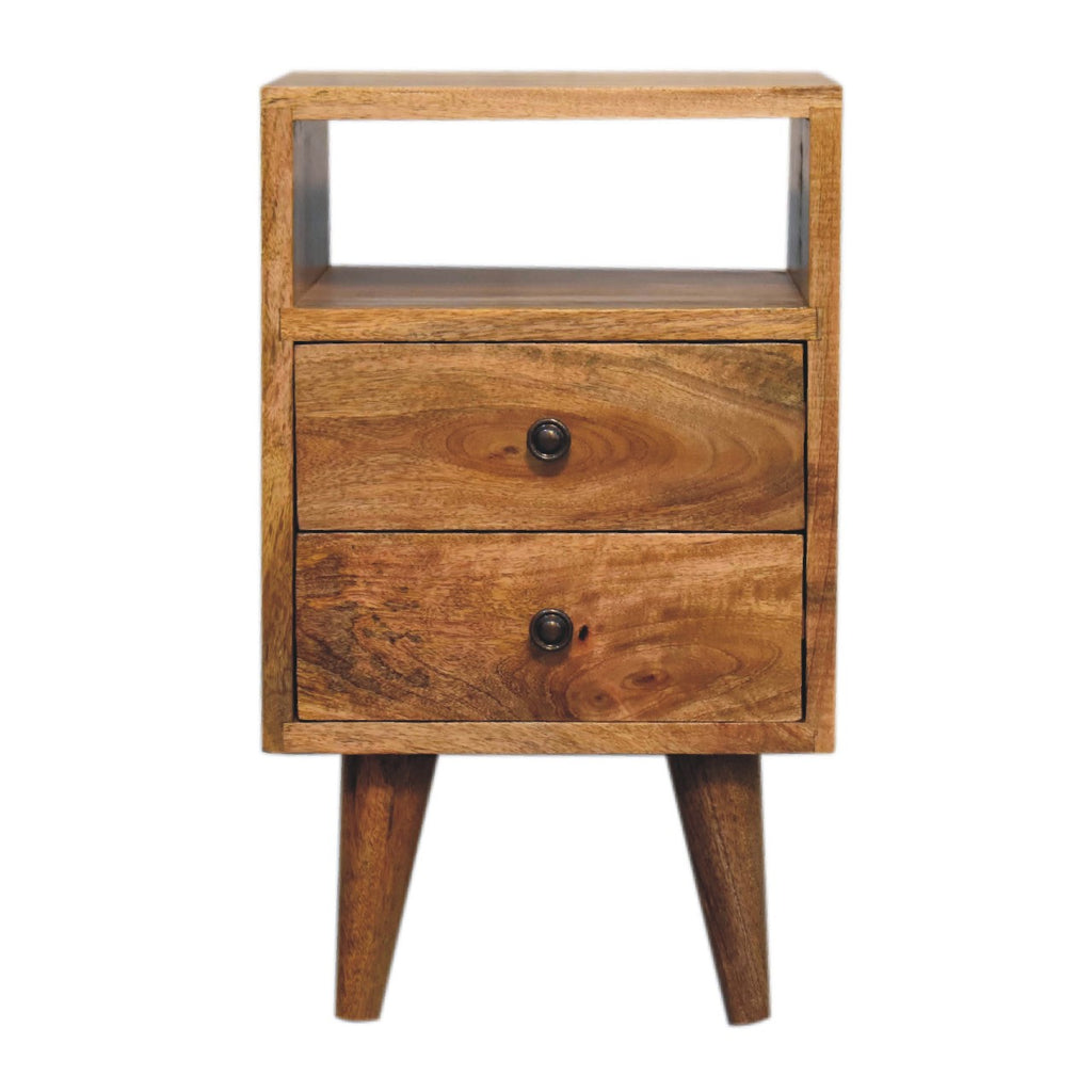 Narrow oak-finish bedside table with an open niche above two drawers with round knobs, on four tapered legs, front view