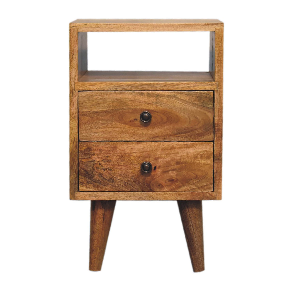 Narrow oak-finish bedside table with an open niche above two drawers with round knobs, on four tapered legs, front view