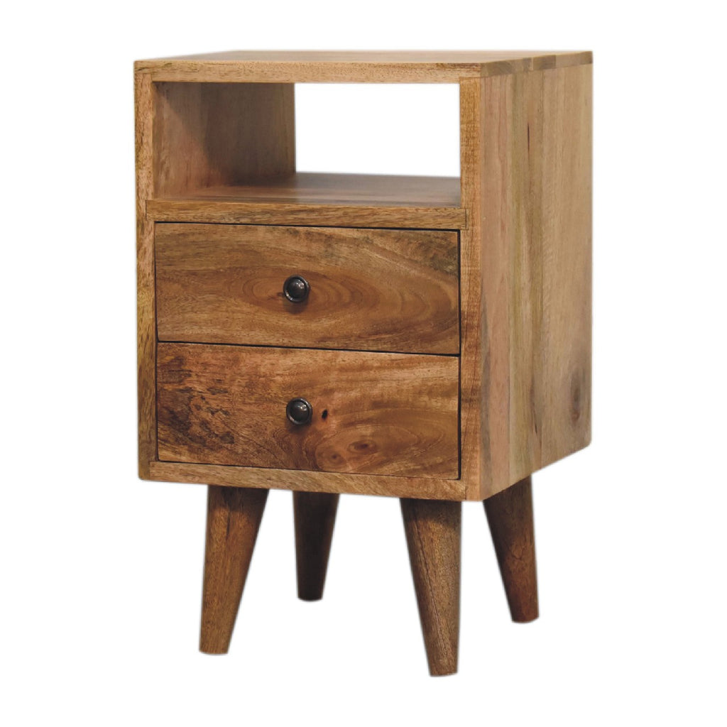 Narrow oak-finish bedside table with open niche and two drawers, three-quarter view showing the side panel and splayed legs