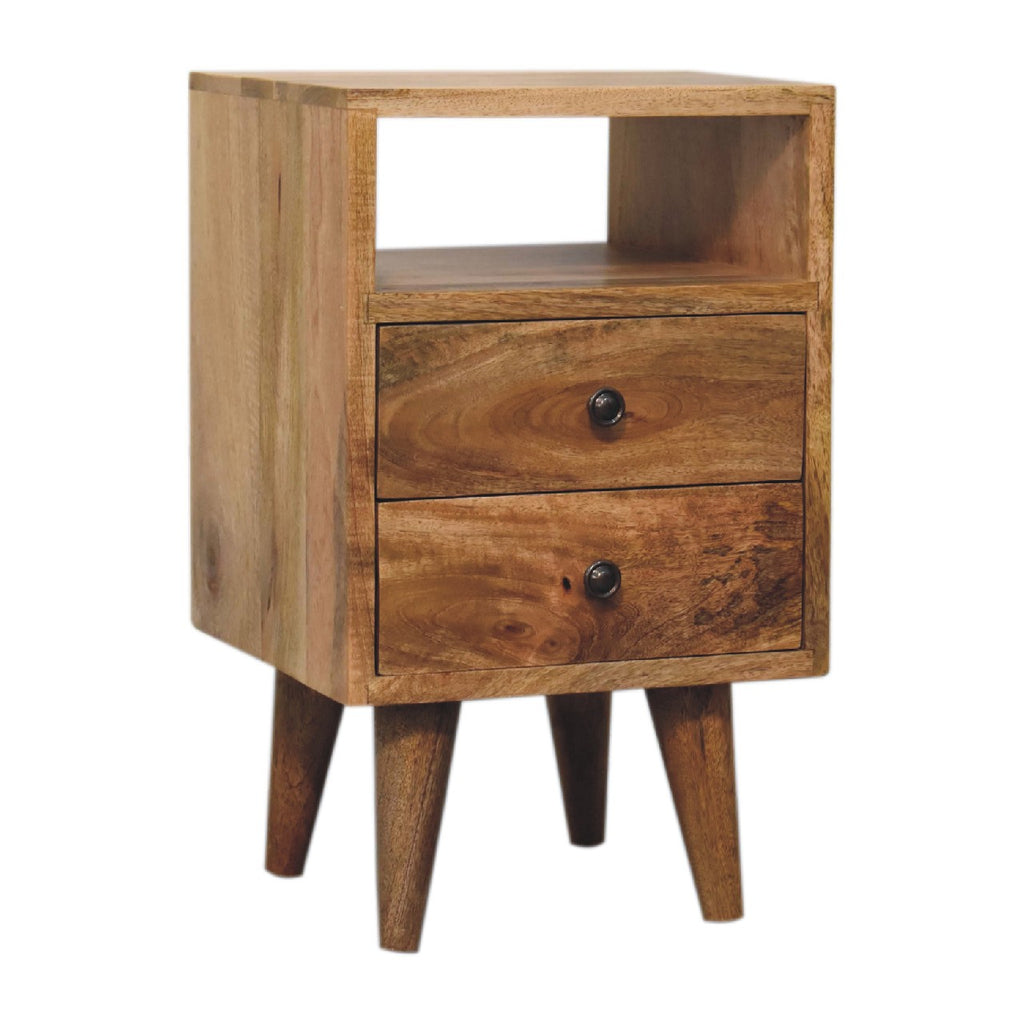 Narrow oak-finish bedside table with open niche and two drawers, three-quarter view from the other side