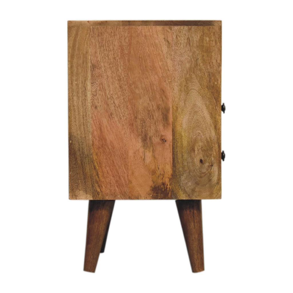 Side view of the narrow oak-finish bedside table with plain side panel, two knobs at the edge and tapered legs