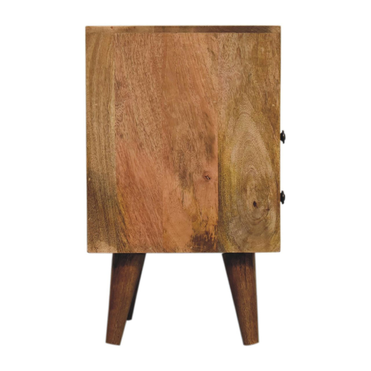 Side view of the narrow oak-finish bedside table with plain side panel, two knobs at the edge and tapered legs