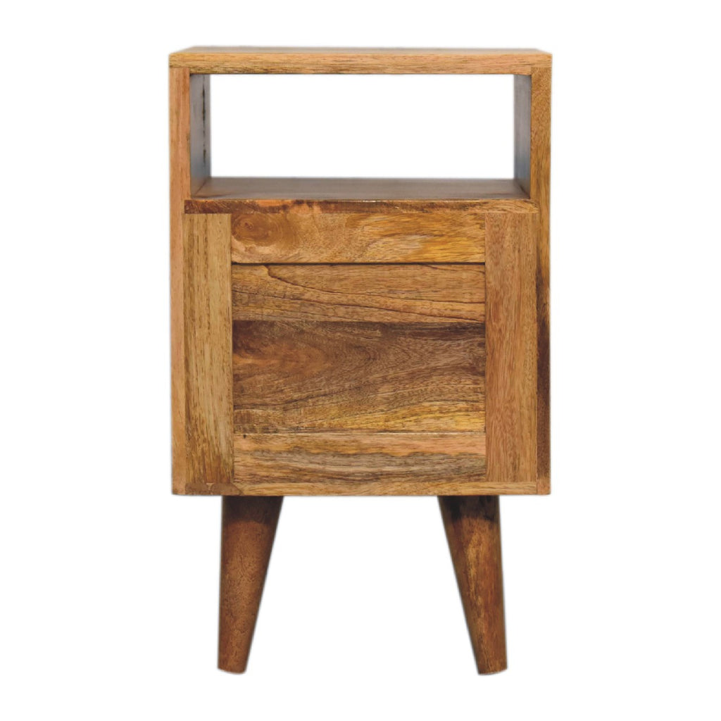 Back view of the narrow oak-finish bedside table with the open niche and a panelled back under it