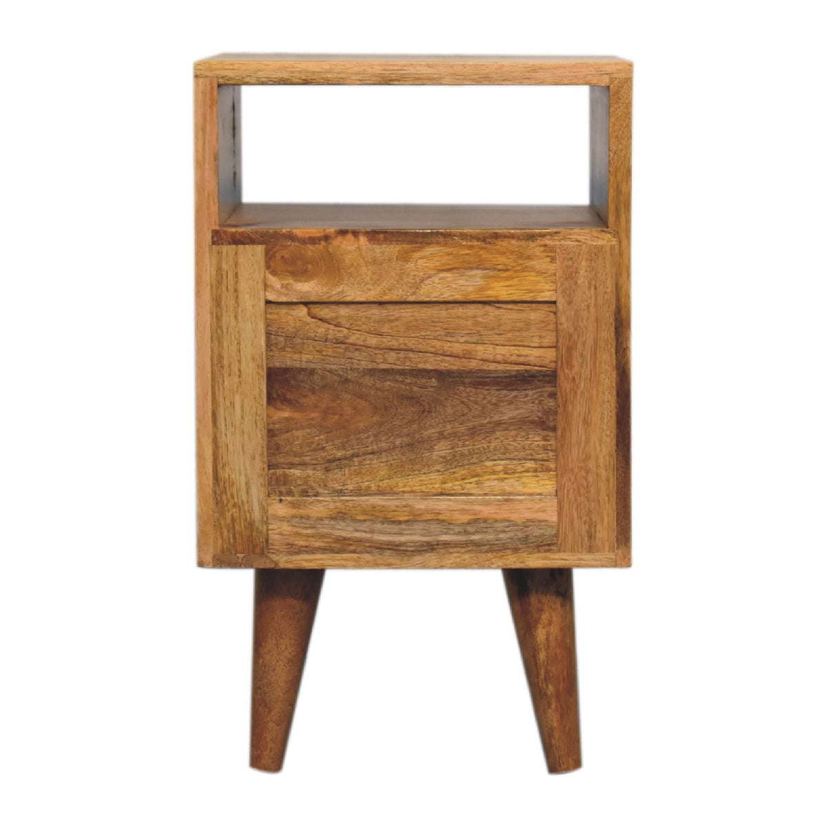 Back view of the narrow oak-finish bedside table with the open niche and a panelled back under it